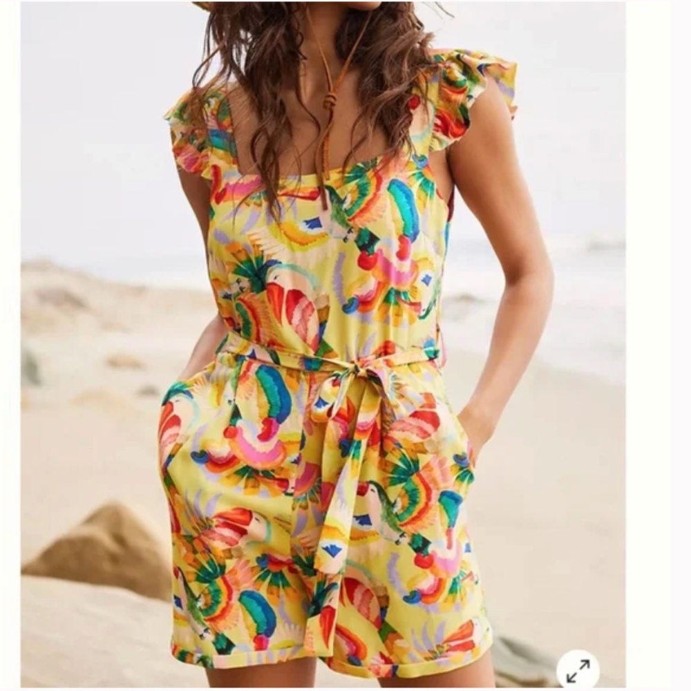 Farm Rio Tropical Parrot Feather Beach Boho Peasant Hipster Hippie Art Romper